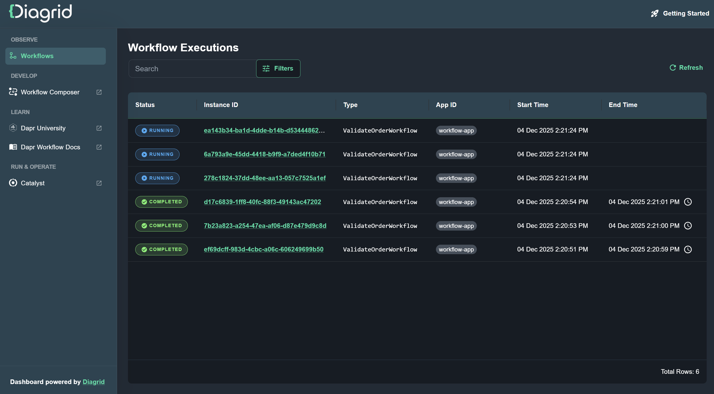 Diagrid Dashboard showing local workflow executions